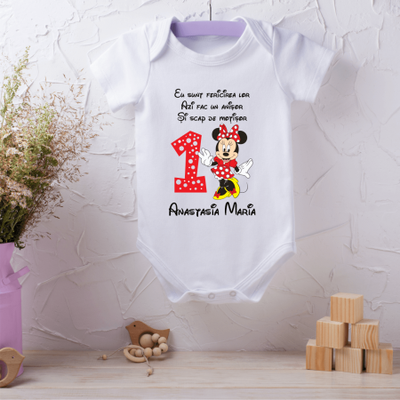 Body-uri personalizate fetițe - Body personalizat Aniversare 1 an - Minnie - Eu sunt fericirea lor
