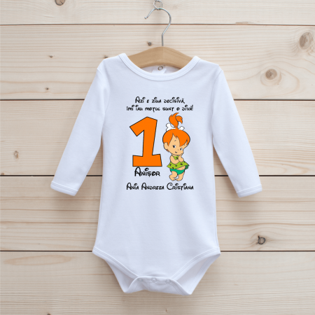 Body-uri personalizate fetițe - Body personalizat Aniversare 1 an  - Pebbles - Familia Flintstone
