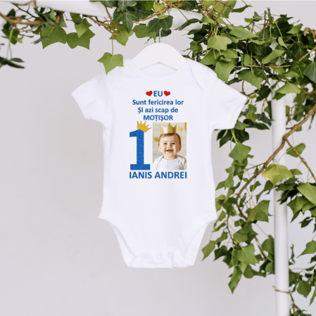 Tricouri personalizate Aniversare - Body personalizat aniversare 1 an - Poză - Model băiat - Coroană