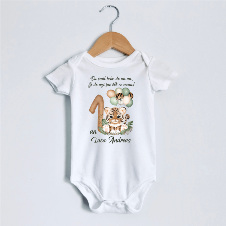 Body-uri personalizate băieți - Body personalizat aniversare 1 an - Safari - Tigru