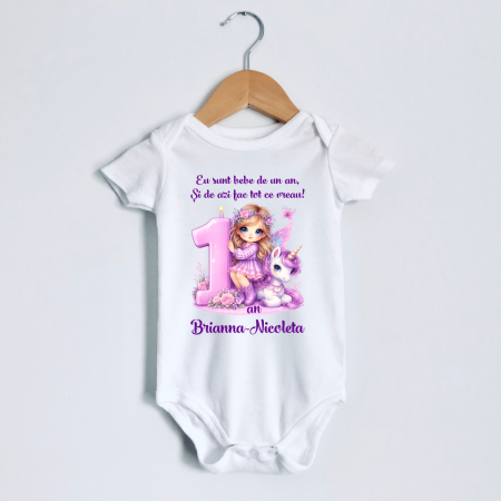 Evenimente - Body personalizat aniversare 1 an - Unicorn - Mov