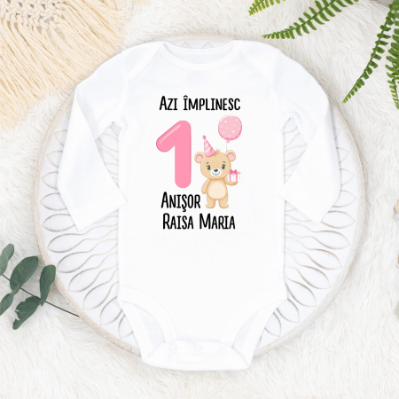 Body-uri personalizate fetițe - Body personalizat Aniversare 1 an - Ursuleț - Model fetiță