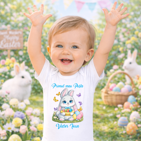 Body-uri personalizate Paște - Body personalizat cu nume - Primul meu Paște - Model băiat - Iepuraș