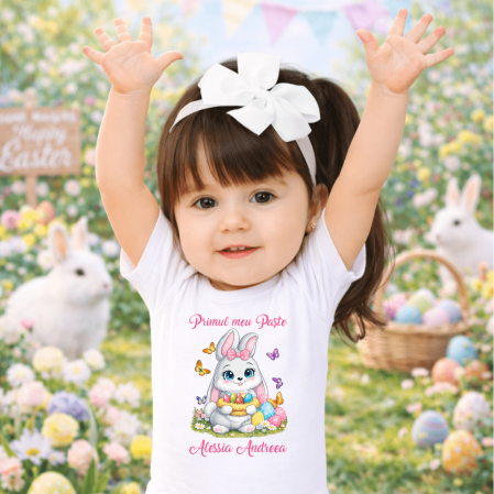 Body-uri personalizate Paște - Body personalizat cu nume - Primul meu Paște - Model fetiță - Iepuraș