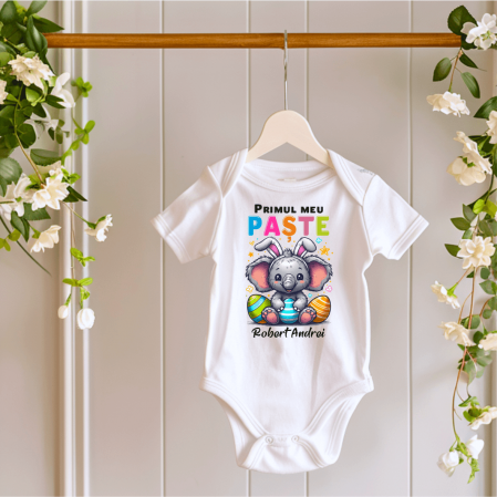 Body-uri personalizate Paște - Body personalizat - Primul meu Paște - Elefant - Model băiat