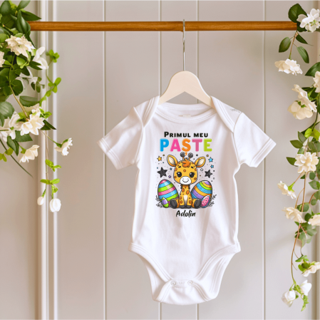 Body-uri personalizate Paște - Body personalizat - Primul meu Paște - Girafă - Model băiat - M2