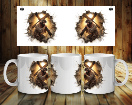 Cadouri creștine - Cană albă personalizată cu Isus purtând crucea