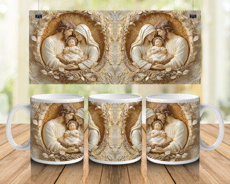 Cadouri creștine - Cană albă personalizată - Sfânta Familie cu aureolă aurie