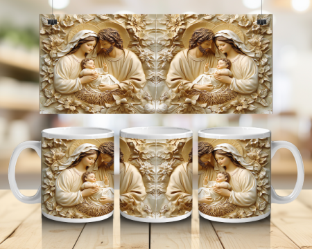 Cadouri creștine - Cană albă personalizată - Sfânta Familie cu flori