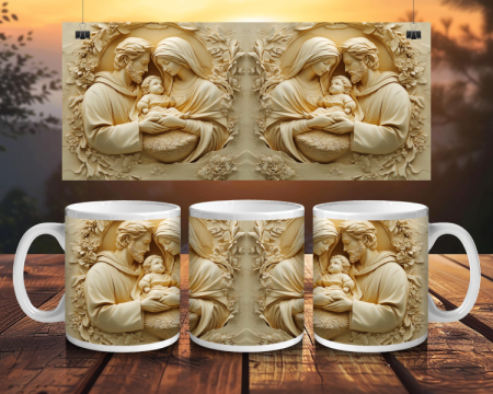 Cadouri creștine - Cană albă personalizată - Sfânta Familie – model relief auriu