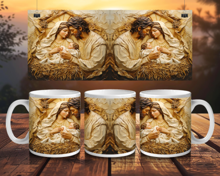 Cadouri creștine - Cană albă personalizată - Sfânta Familie – stil rustic Betleem
