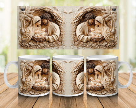 Cadouri creștine - Cană albă personalizată - Sfânta Familie (stil sculptură aurie)