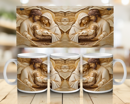 Cadouri creștine - Cană albă personalizată - Sfânta Familie stil sculptură relief