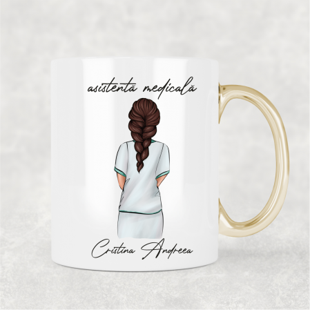 Cani albe - Cană cu mâner auriu personalizată cu nume - Asistentă medicală - M3