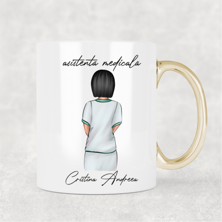 Cani albe - Cană cu mâner auriu personalizată cu nume - Asistentă medicală - M4