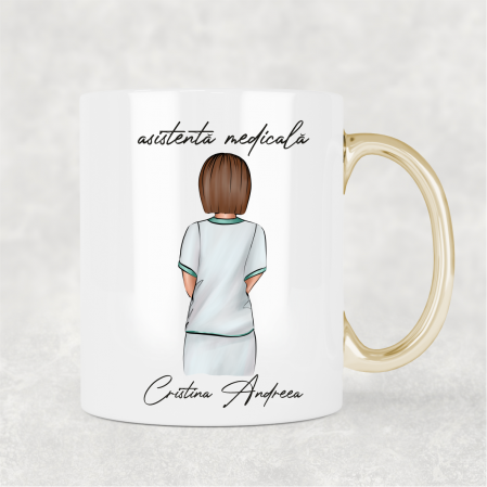 Cani albe - Cană cu mâner auriu personalizată cu nume - Asistentă medicală - M5
