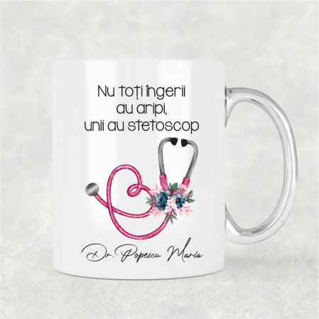 Cani albe - Cană personalizată cu nume pentru doctor - Stetoscop floral - M1