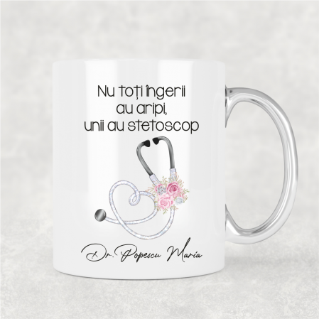 Cani albe - Cană personalizată cu nume pentru doctor - Stetoscop floral - M2