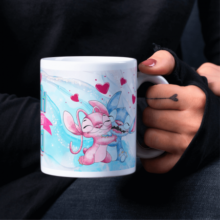Căni personalizate - Cană personalizată - Stitch și Angel - Happy Vallentine's Day