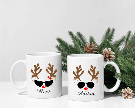 Căni personalizate pentru cuplu - Căni personalizate pentru cuplu - Crăciun - Reni - Nume