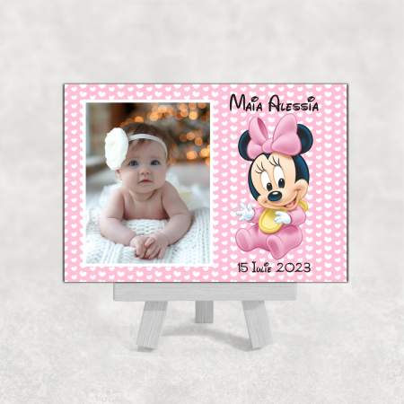 Mărturii magnetice fetițe - Mărturie magnet botez - Baby Minnie - Nume - Dată - Inimioare
