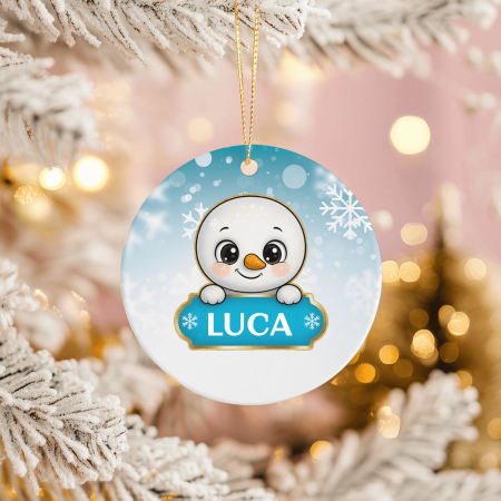 Globuri personalizate - Ornament acril alb rotund pentru brad personalizat cu nume - Om de zăpadă - Model băiețel