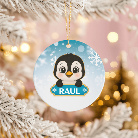 Globuri personalizate - Ornament acril alb rotund pentru brad personalizat cu nume - Pinguin - Model băiețel