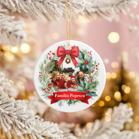 Globuri personalizate - Ornament acril alb rotund pentru brad personalizat cu nume și poză - Familie