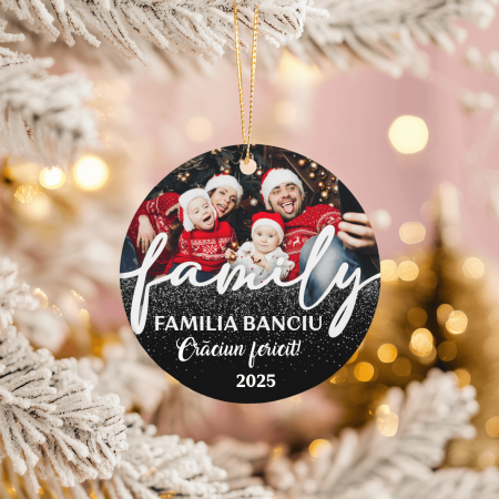 Globuri personalizate - Ornament acril alb rotund pentru brad personalizat cu poză și mesaj - Family