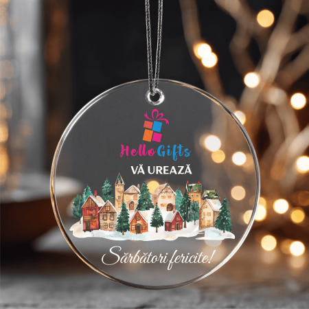 Globuri personalizate - Ornament acril transparent pentru brad cu logo și mesaj - M2