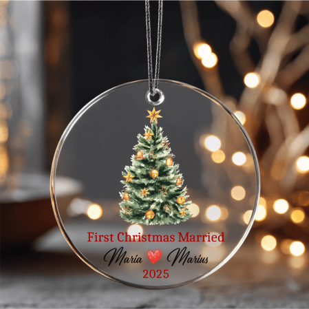 Globuri personalizate - Ornament acril transparent pentru brad personalizat cu nume - First Christmas Married