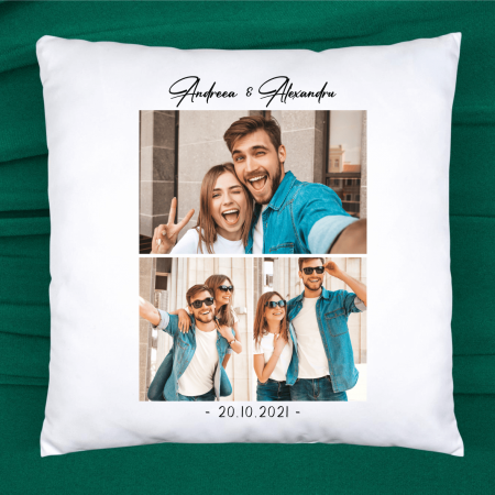 Perne personalizate - Pernă personalizată cu 3 poze - Nume - Dată