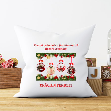 Perne personalizate - Pernă personalizată cu 4 poze și mesaj - Crăciun Fericit