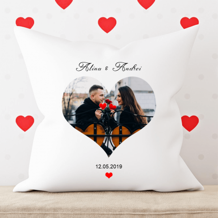 Perne personalizate - Pernă personalizată cu poză - Inimioară - Nume - Dată