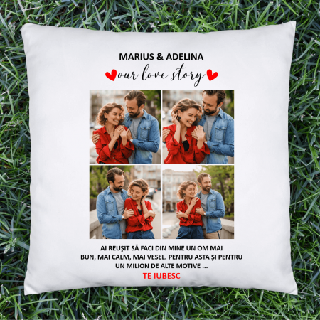 Perne personalizate - Pernă personalizată cu poze - Our love story - Nume - Text