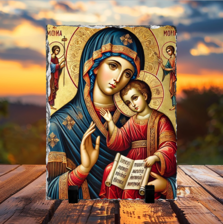 Cadouri creștine - Placă de ardezie - Fecioara Maria cu Pruncul (stil icoană bizantină)