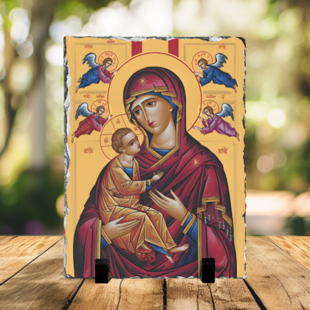 Cadouri creștine - Placă de ardezie - Maica Domnului cu Pruncul (stil icoană roșie)