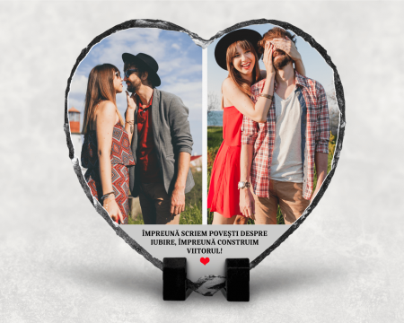 Plăci de ardezie personalizate - Placă de ardezie personalizată cu 2 poze și text - Inimă