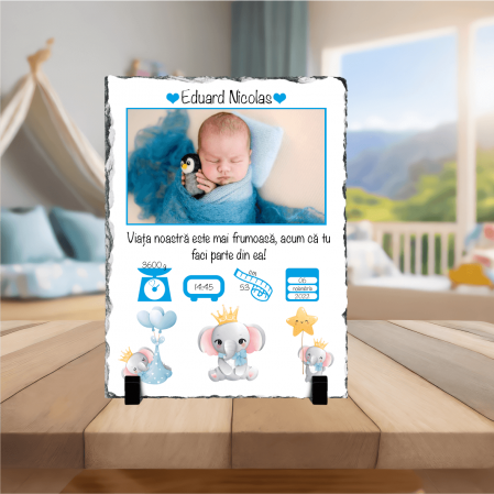 Plăci de ardezie - Placă de ardezie personalizată - Nou-Născut - Model băiat - Elefant