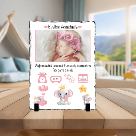 Plăci de ardezie - Placă de ardezie personalizată - Nou-Născut - Model fetita - Elefant