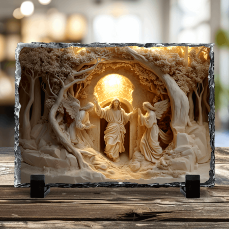 Cadouri creștine - Placă de ardezie - Scena Învierii – Iisus și îngeri