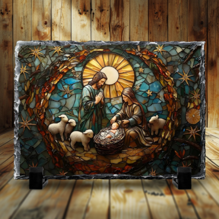 Cadouri creștine - Placă de ardezie - Scena Nașterii Domnului  cu Maria, Iosif și Pruncul Isus