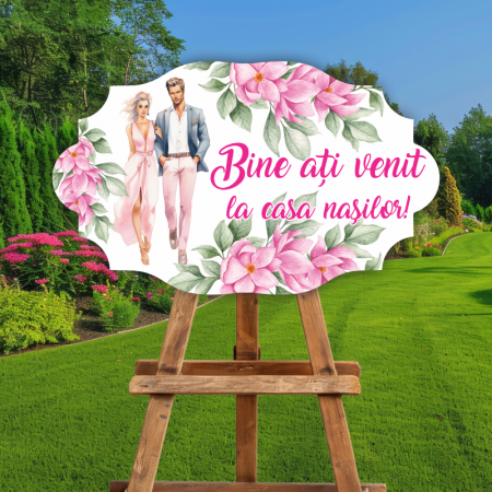Plăcuțe bine ați venit - Plăcuță nuntă - Bine ați venit la casa nașilor - M4 - Roz