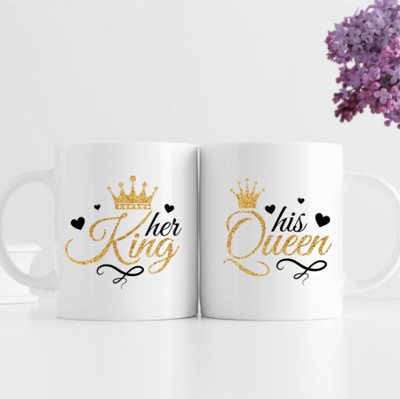 Cani - Set căni personalizate cuplu - Her king - His queen - Gold