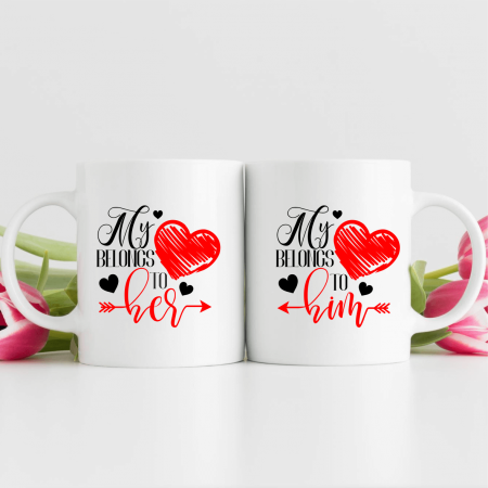 Cani - Set căni personalizate cuplu - My heart belongs to him-her