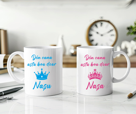 Cadouri pentru cupluri - Set cani personalizate - Din cana asta bea doar Nașu - Nașa - Model 1