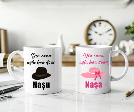 Cadouri de-a gata - Set cani personalizate - Din cana asta bea doar Nașu - Nașa - Model 2