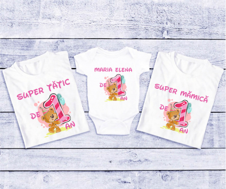Tricouri personalizate Aniversare - Tricouri personalizate Aniversare 1 an - Super tătic - Super mămică(model fetiță)