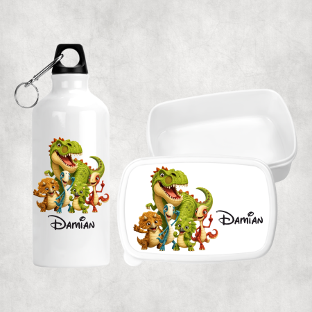 Seturi promoționale - Set lunchbox și bidon apă personalizat cu nume - Dinosauri