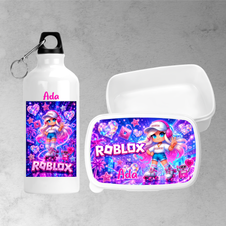 Seturi promoționale - Set lunchbox și bidon de apă personalizat cu nume - Roblox - Model fetiță